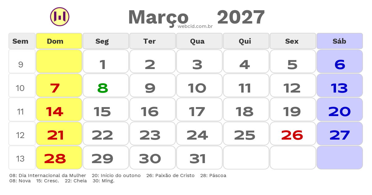 Calendário 2027 - Março - Jacarau-PB com feriados e fases da lua
