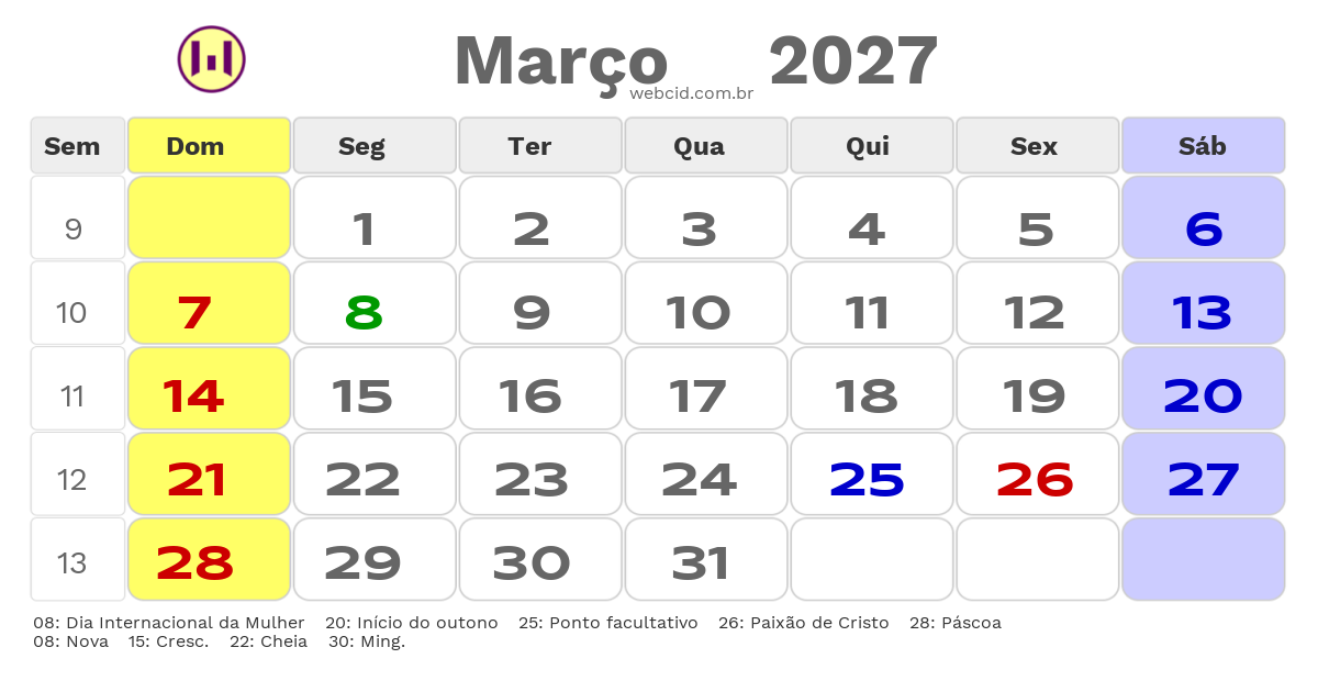 Calendário 2027 - Março - Foz do Iguaçu-PR com feriados e fases da lua