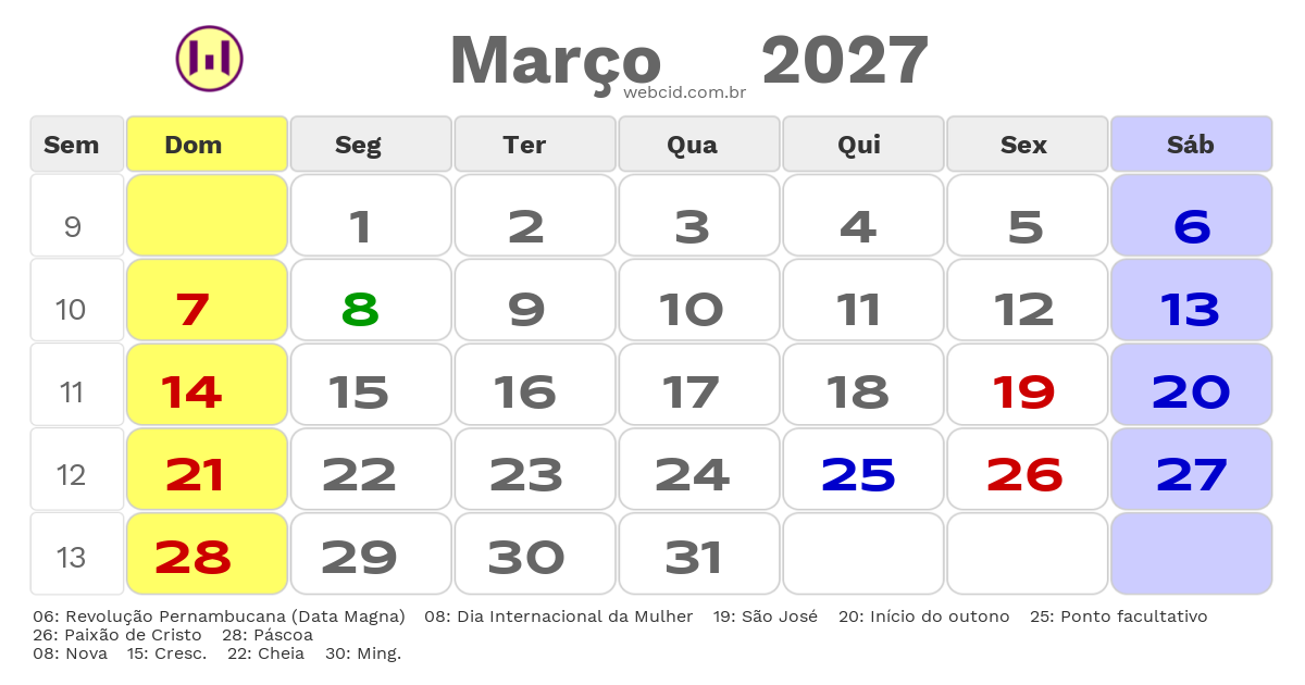 Calendário 2027 - Março - Abreu e Lima-PE com feriados e fases da lua