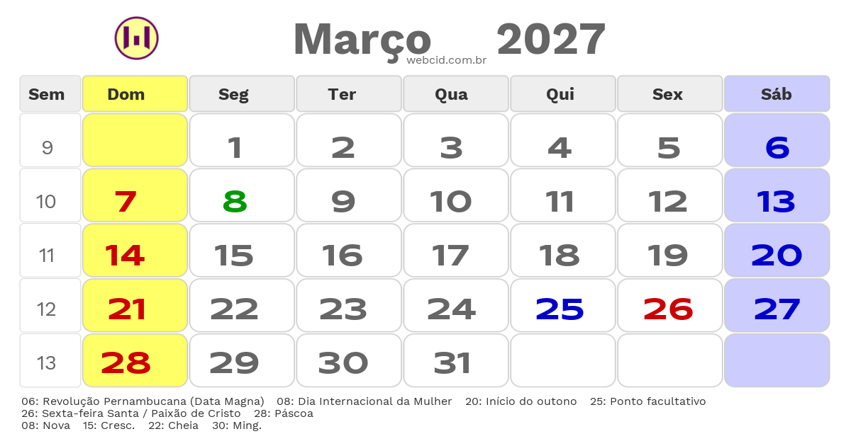 Calendário 2027 - Março - Jaboatão dos Guararapes-PE com feriados e fases da lua