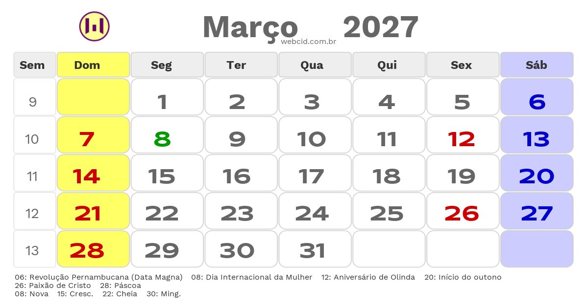 Calendário 2027 - Março - Olinda-PE com feriados e fases da lua