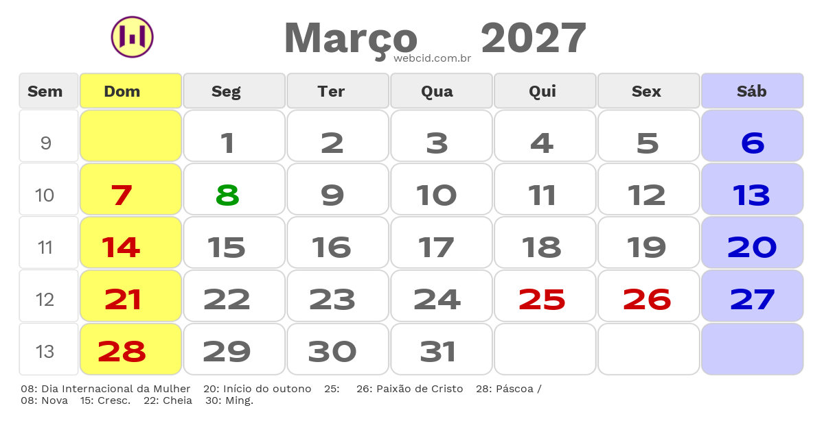 Calendário 2027 - Março - Alto do Rodrigues-RN com feriados e fases da lua