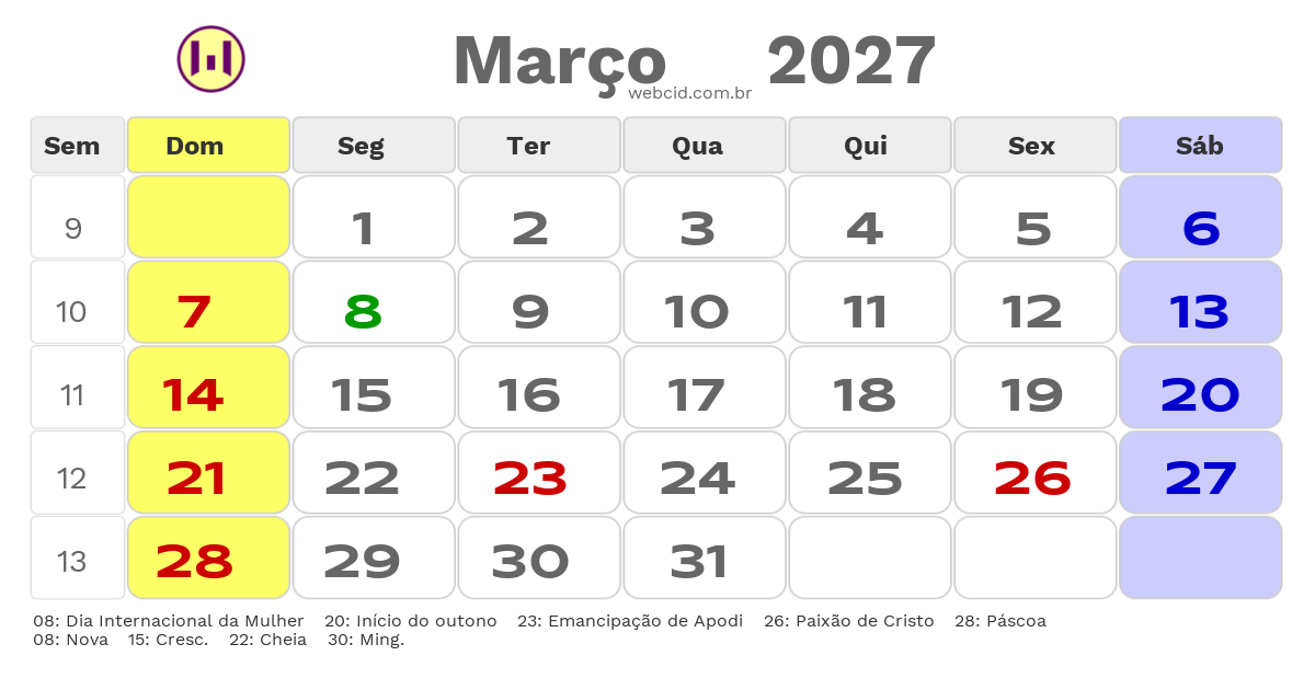 Calendário 2027 - Março - Apodi-RN com feriados e fases da lua