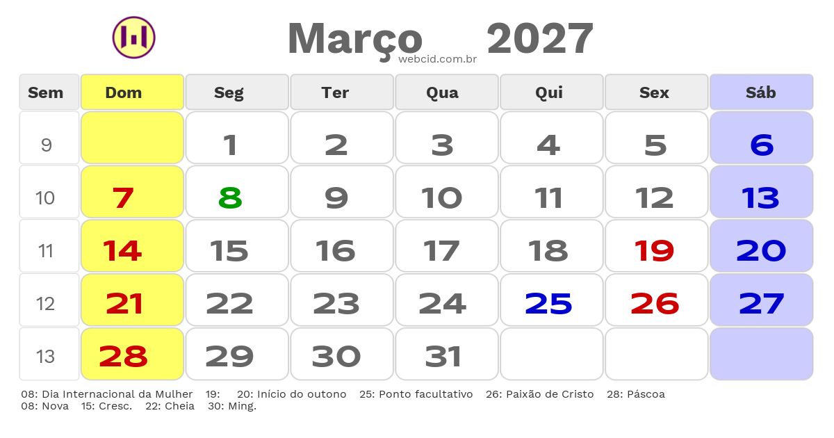 Calendário 2027 - Março - Carnauba dos Dantas-RN com feriados e fases da lua