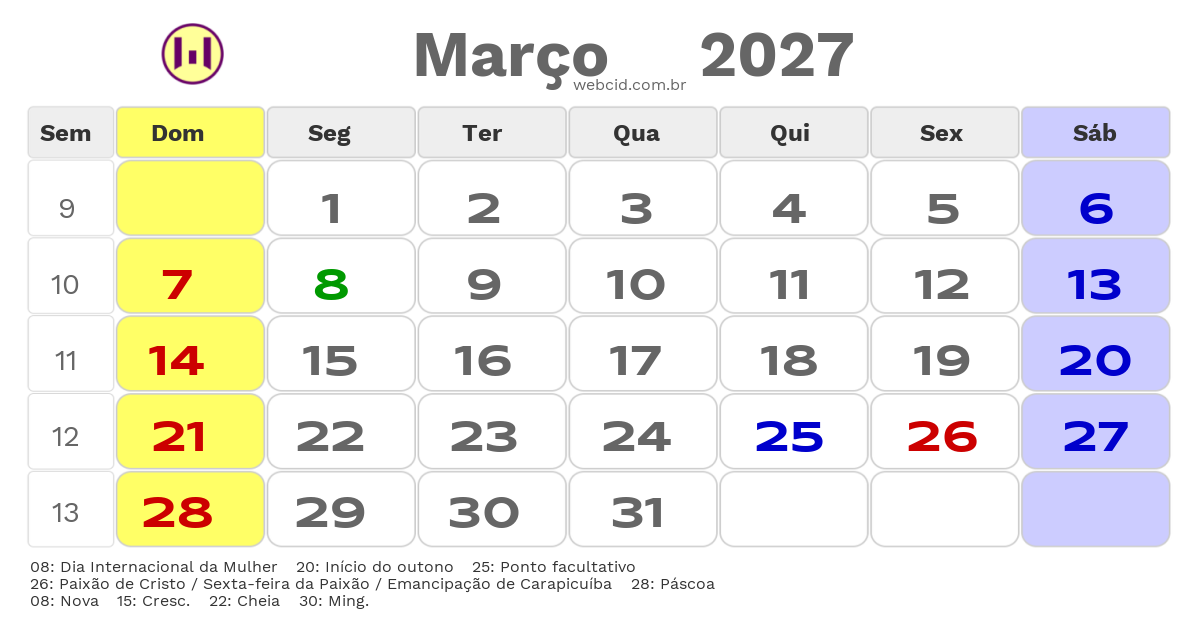 Calendário 2027 - Março - Carapicuíba-SP com feriados e fases da lua
