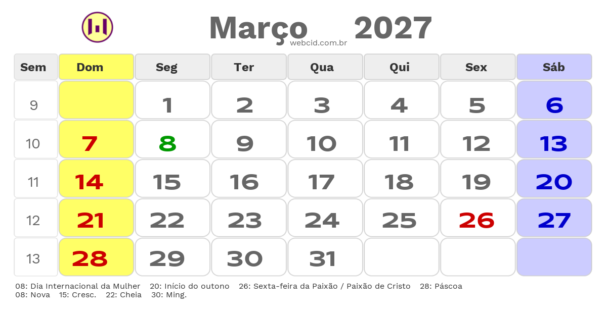Calendário 2027 - Março - Dobrada-SP com feriados e fases da lua