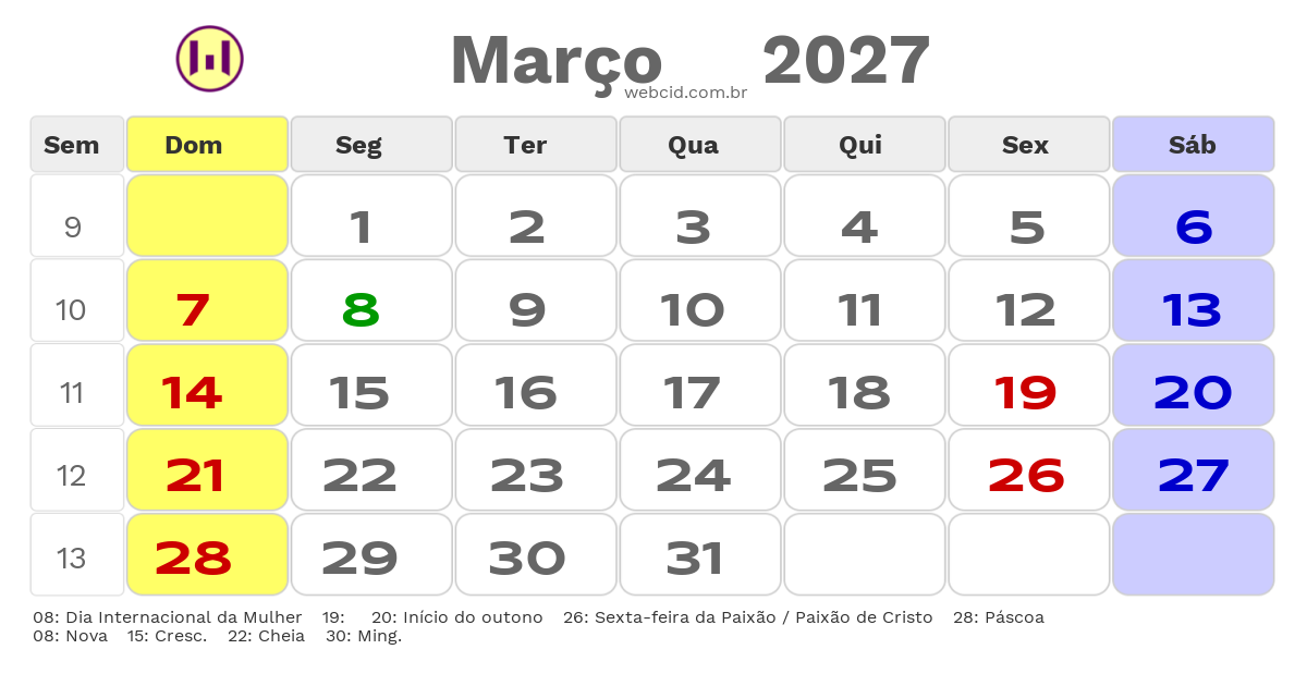 Calendário 2027 - Março - Osvaldo Cruz-SP com feriados e fases da lua