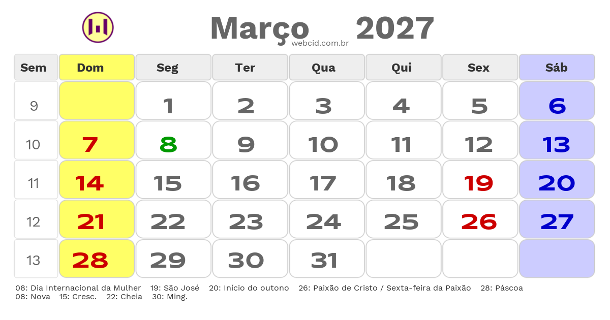 Calendário 2027 - Março - São José dos Campos-SP com feriados e fases da lua