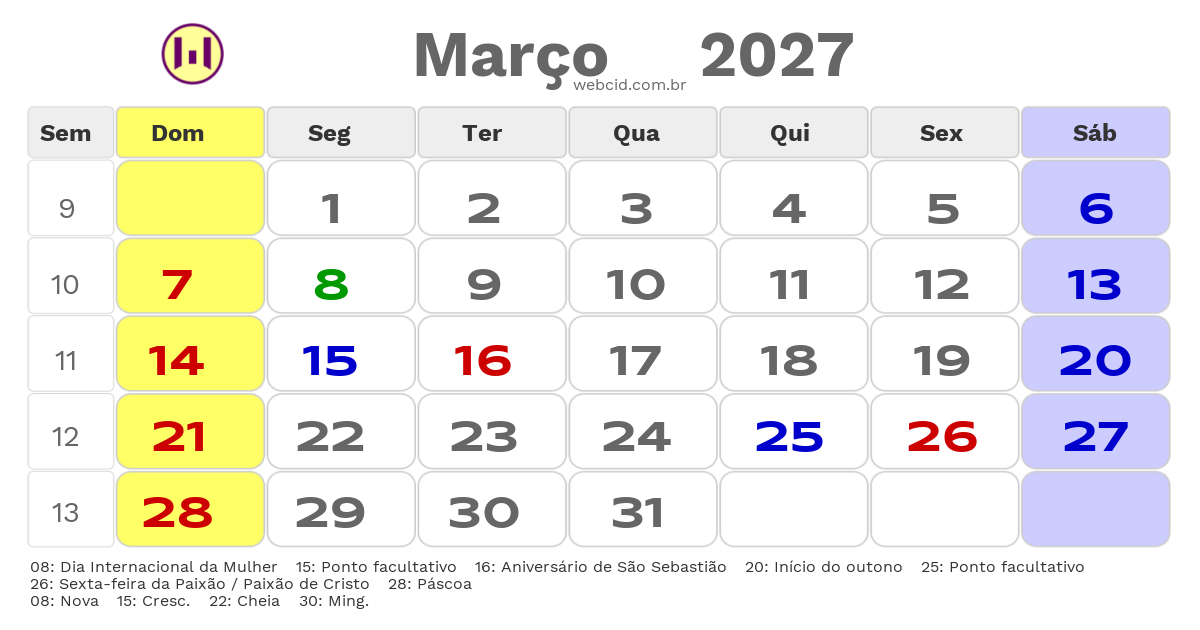 Calendário 2027 - Março - São Sebastião-SP com feriados e fases da lua