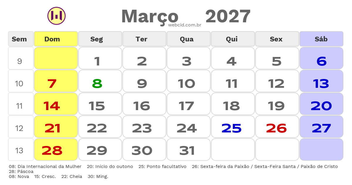 Calendário 2027 - Março - Sorocaba-SP com feriados e fases da lua