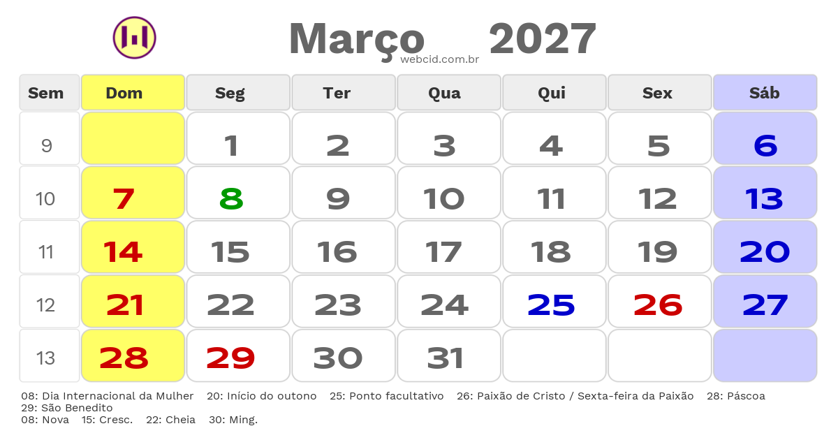 Calendário 2027 - Março - Taubaté-SP com feriados e fases da lua