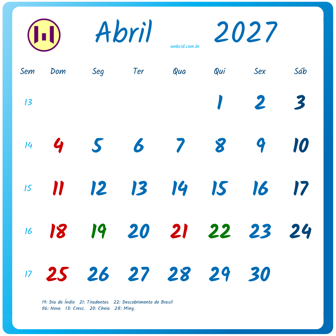 Calendário 2027 - Abril - Brasil com feriados e fases da lua