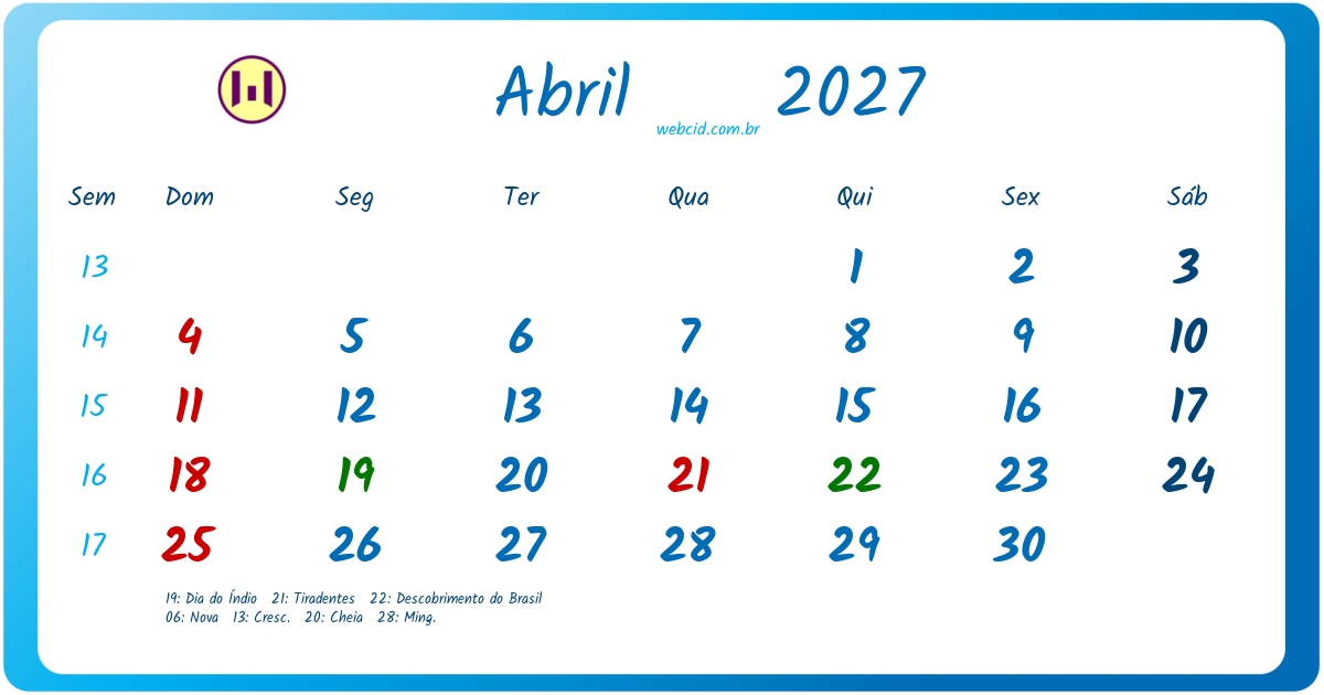 Calendário 2027 - Abril - Brasil com feriados e fases da lua