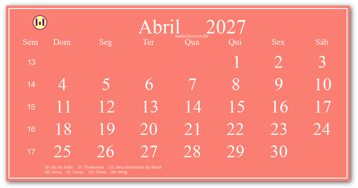 Calendário 2027 - Abril - Brasil com feriados e fases da lua