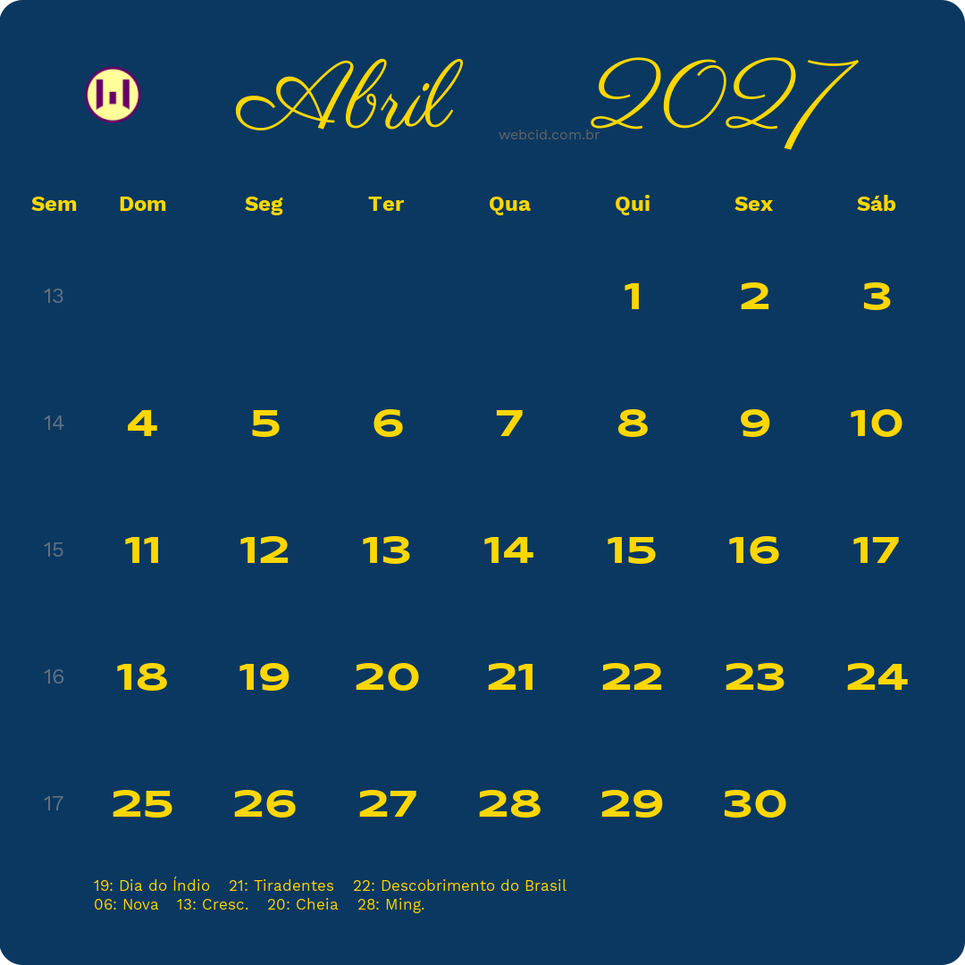 Calendário 2027 - Abril - Brasil com feriados e fases da lua