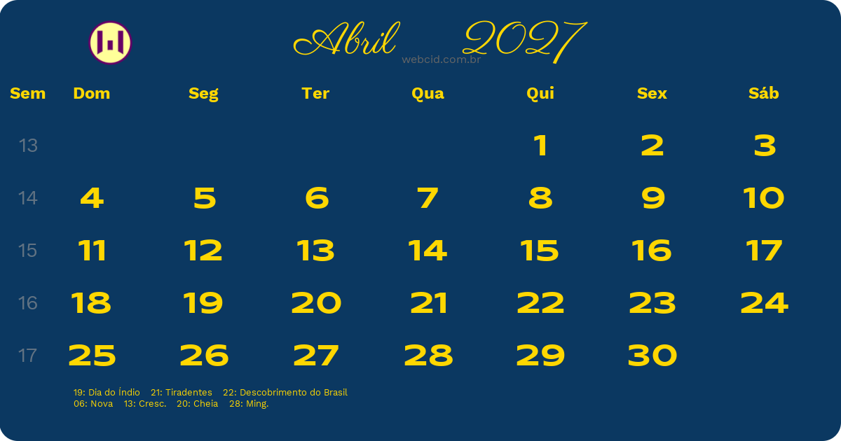 Calendário 2027 - Abril - Brasil com feriados e fases da lua