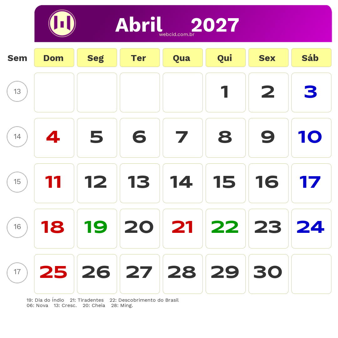 Calendário 2027 - Abril - Brasil com feriados e fases da lua