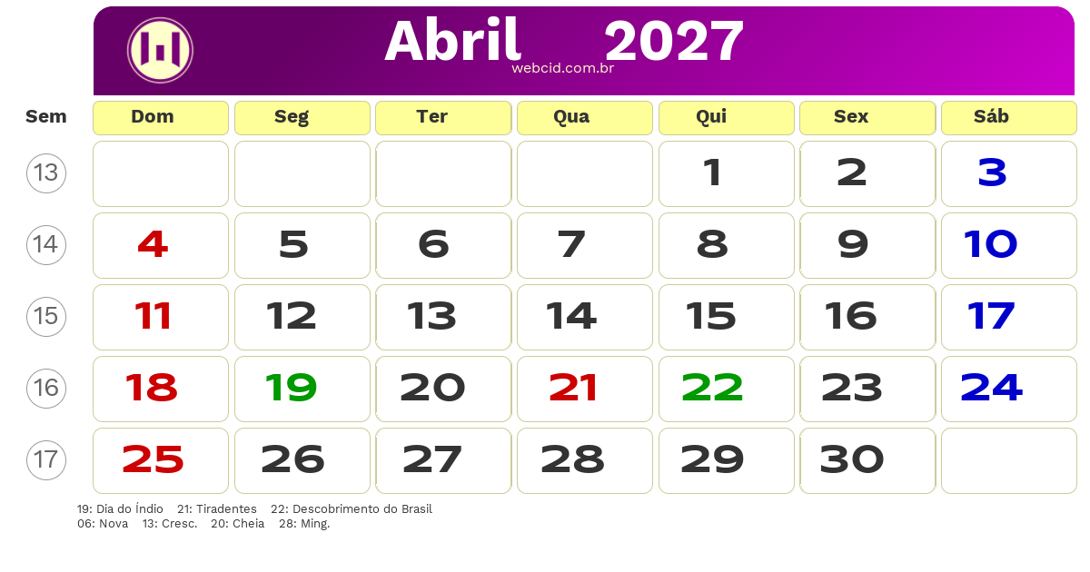 Calendário 2027 - Abril - Brasil com feriados e fases da lua