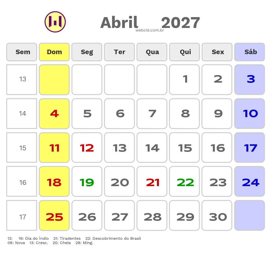 Calendário 2027 - Abril - Penedo-AL com feriados e fases da lua