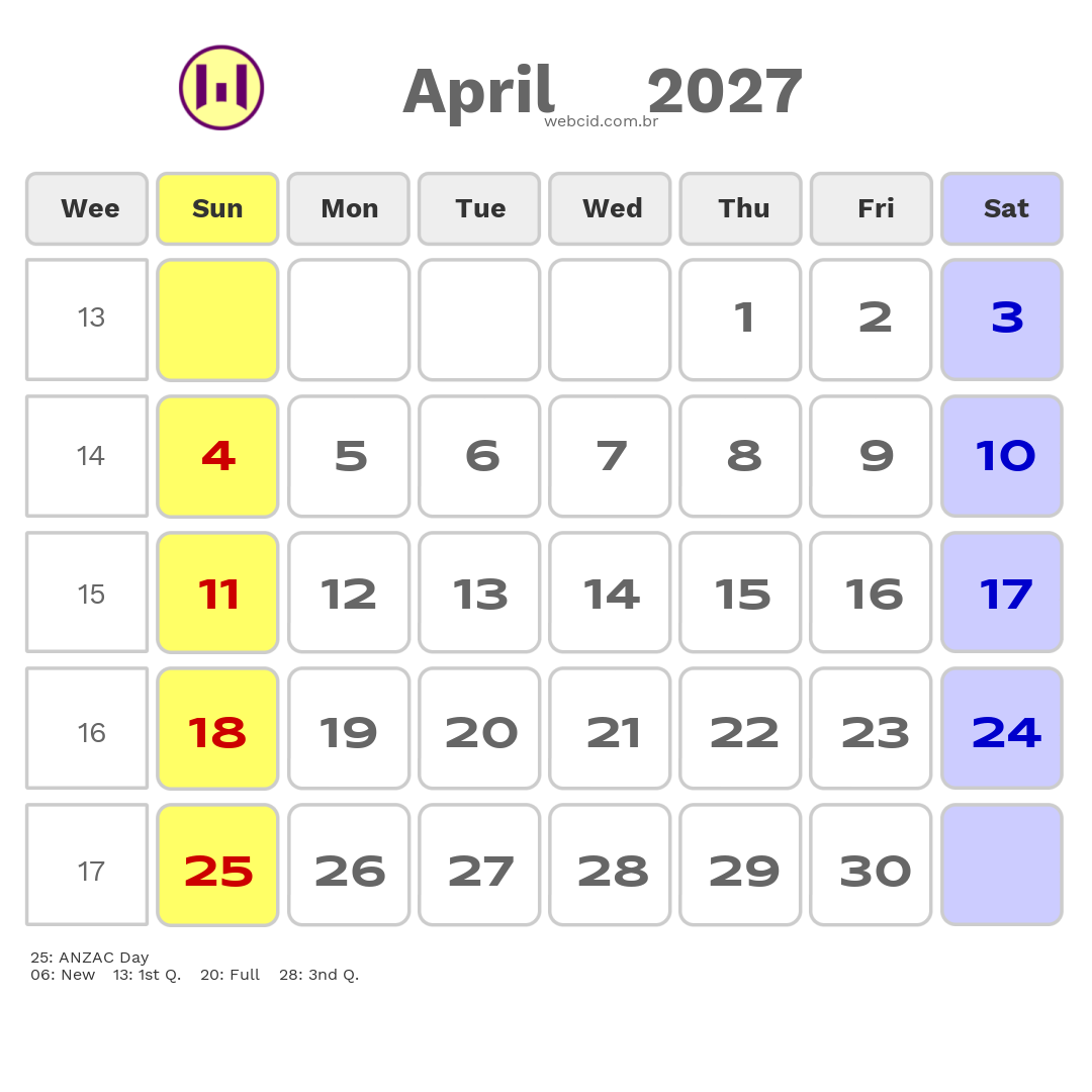 Calendar 2027 - April - Austrália com feriados e fases da lua
