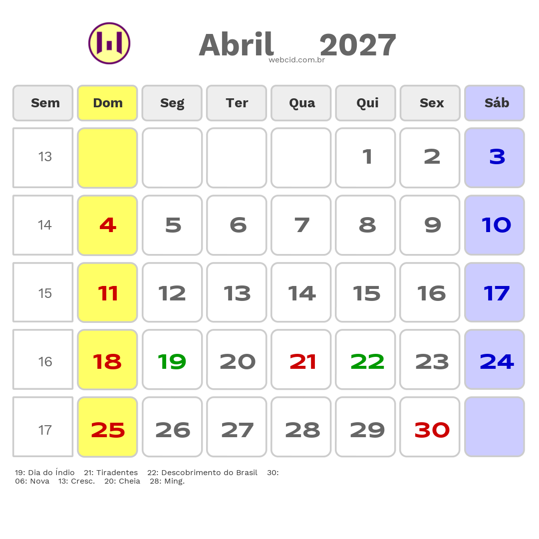 Calendário 2027 - Abril - Nilo Pecanha-BA com feriados e fases da lua