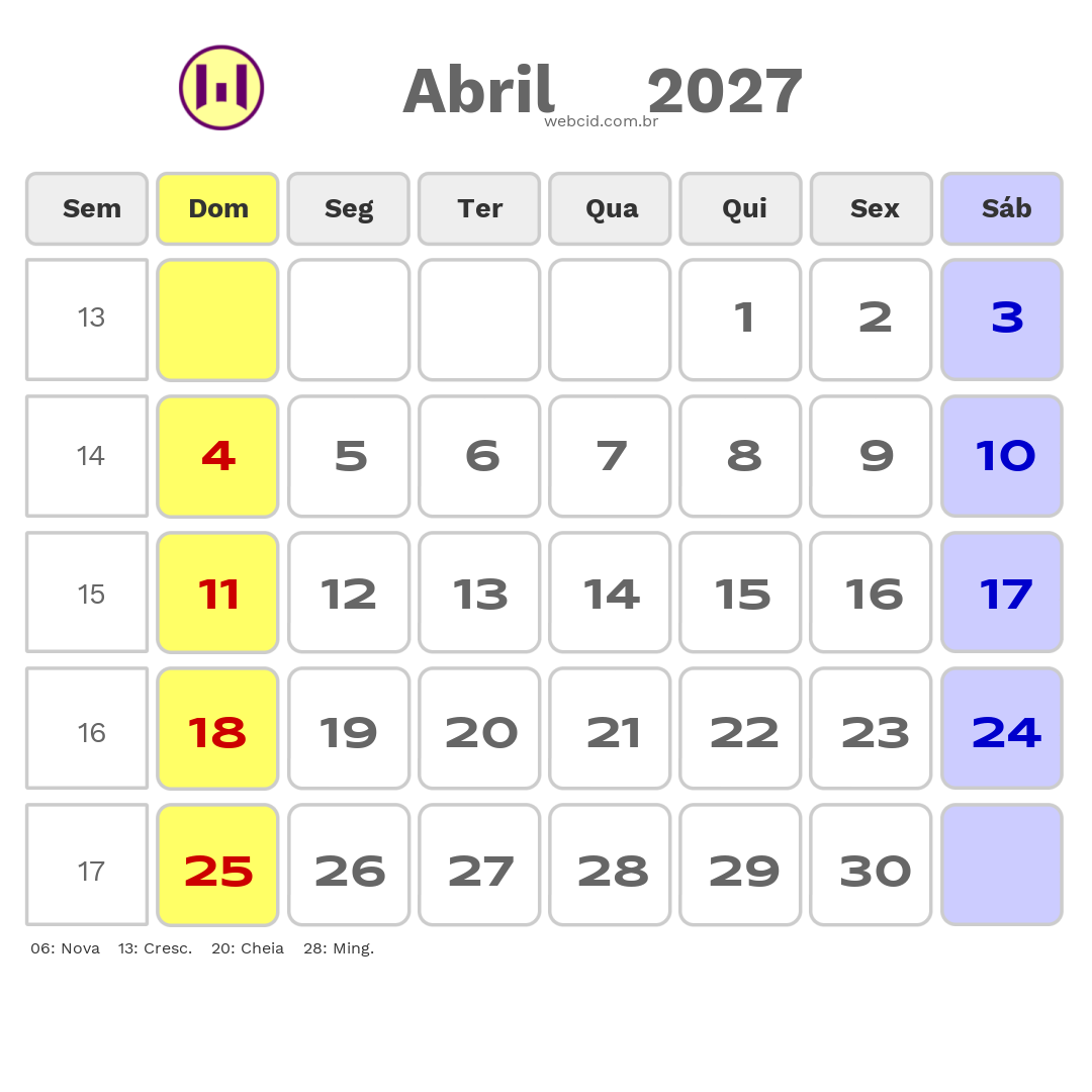 Calendário 2027 - Abril - Cabo Verde com feriados e fases da lua