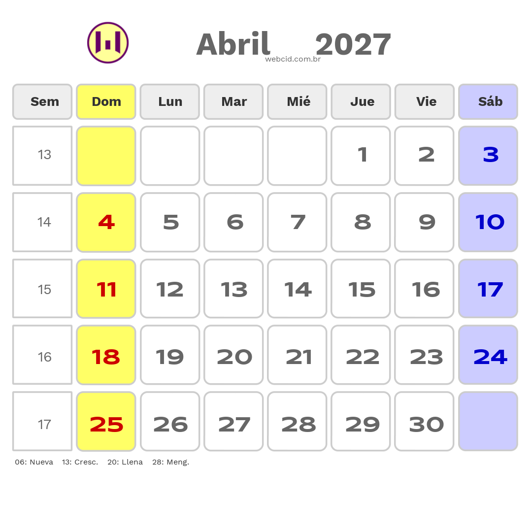 Calendario 2027 - Abril - Chile com feriados e fases da lua
