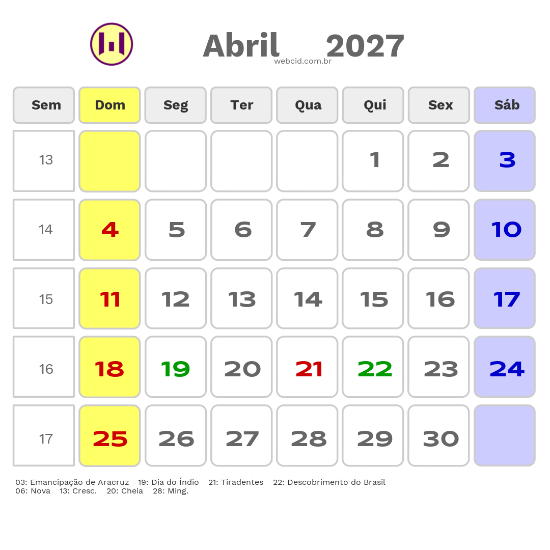 Calendário 2027 - Abril - Aracruz-ES com feriados e fases da lua