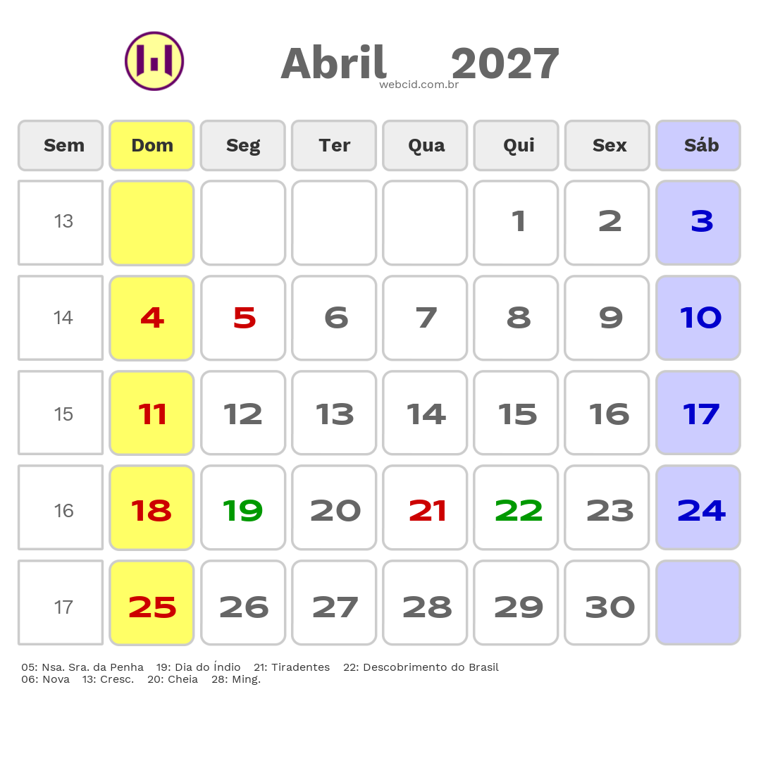 Calendário 2027 - Abril - Vitória-ES com feriados e fases da lua