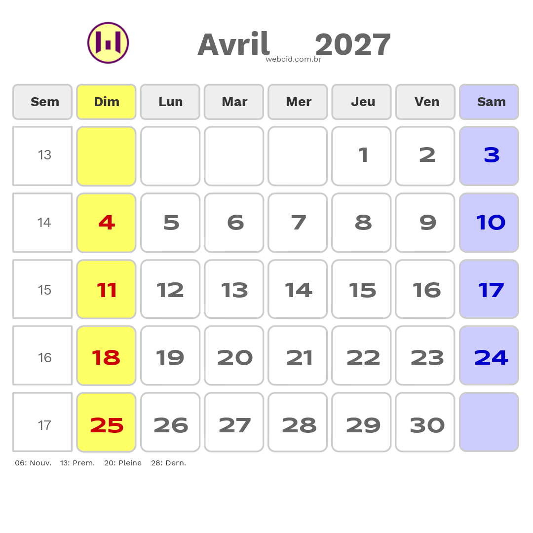Calendrier 2027 - Avril - La France com feriados e fases da lua