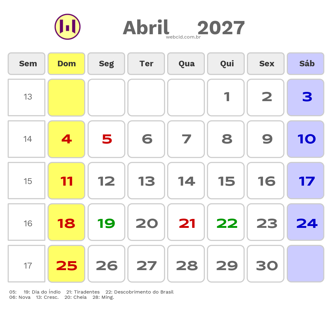 Calendário 2027 - Abril - Timbiras-MA com feriados e fases da lua