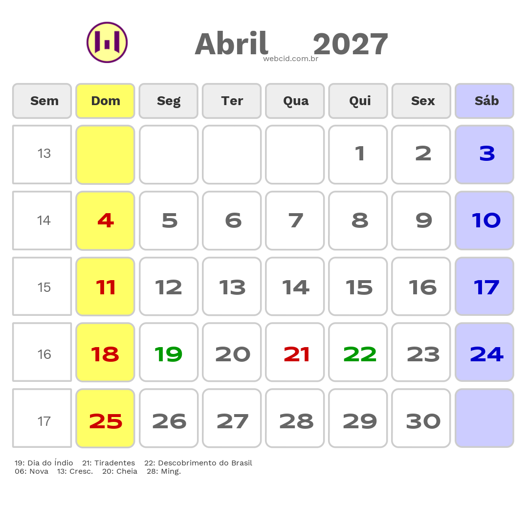 Calendário 2027 - Abril - Dourados-MS com feriados e fases da lua