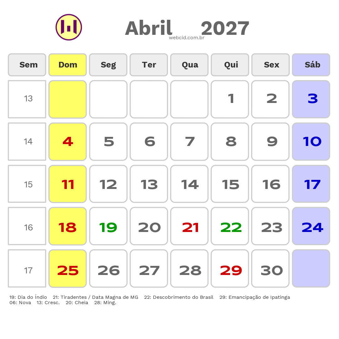 Calendário 2027 - Abril - Ipatinga-MG com feriados e fases da lua