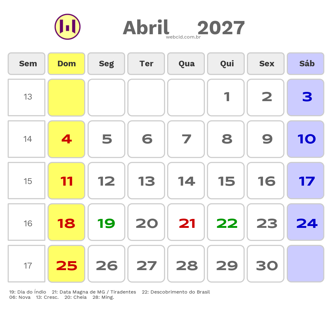 Calendário 2027 - Abril - Nova Lima-MG com feriados e fases da lua