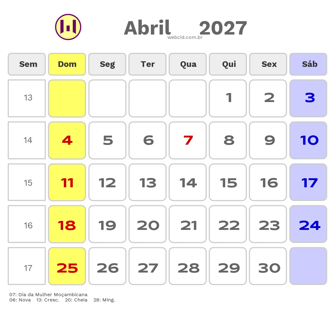 Calendário 2027 - Abril - Moçambique com feriados e fases da lua