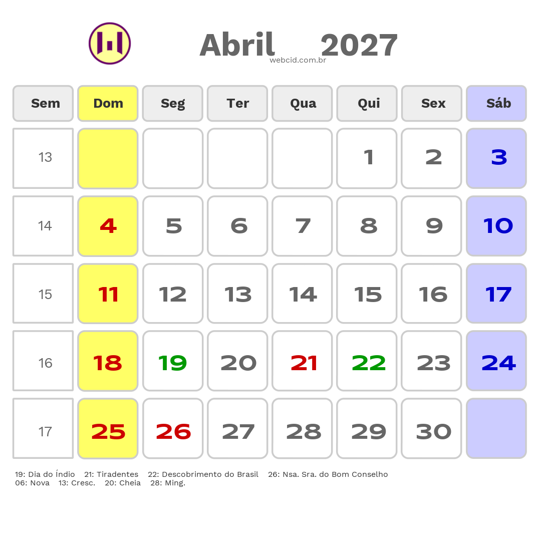 Calendário 2027 - Abril - Bom Conselho-PE com feriados e fases da lua