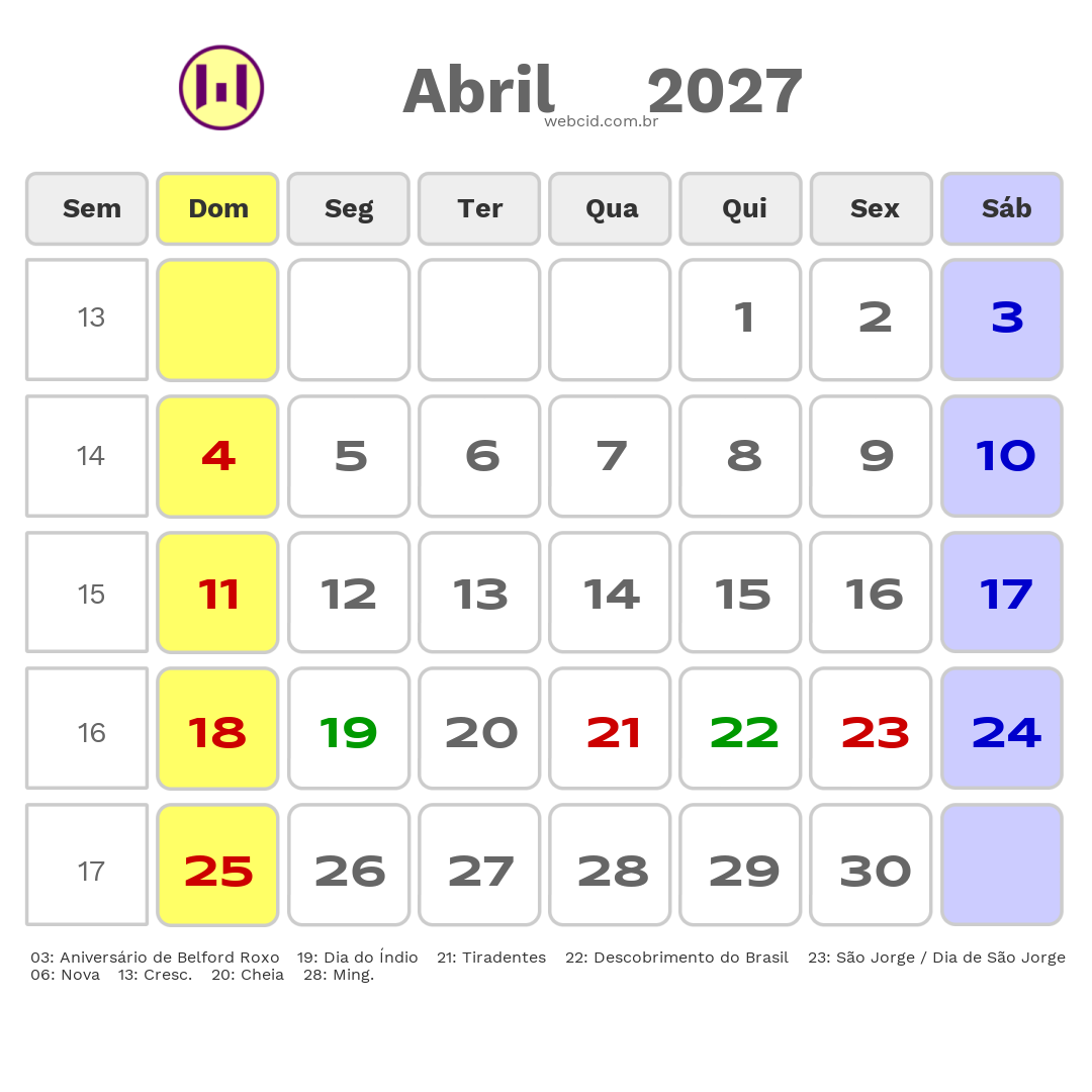 Calendário 2027 - Abril - Belford Roxo-RJ com feriados e fases da lua