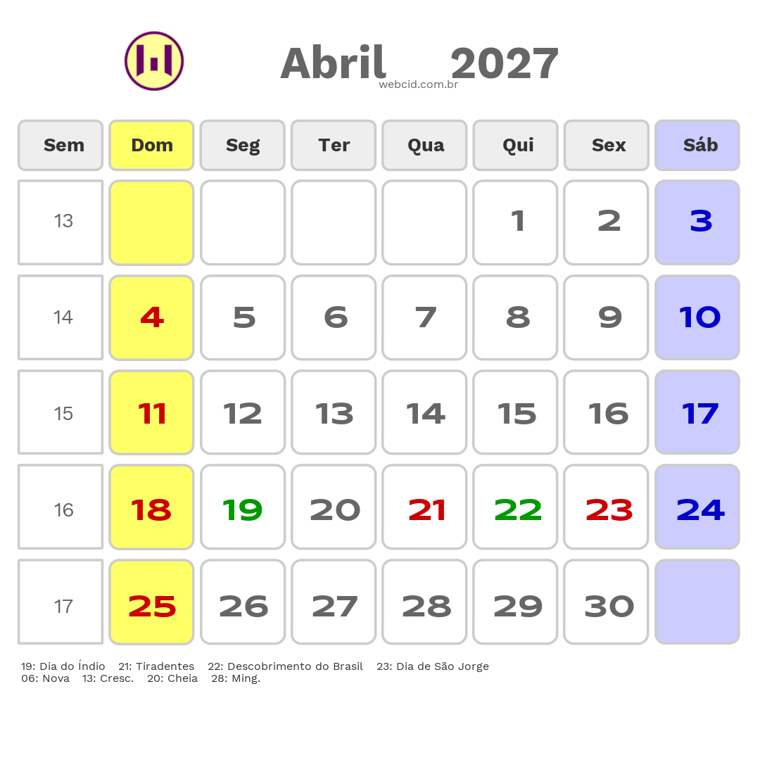 Calendário 2027 - Abril - São Gonçalo-RJ com feriados e fases da lua