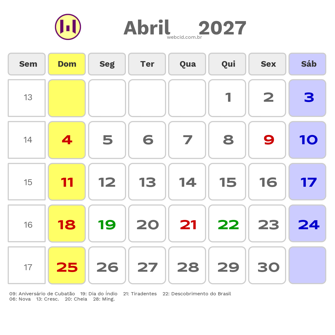 Calendário 2027 - Abril - Cubatão-SP com feriados e fases da lua