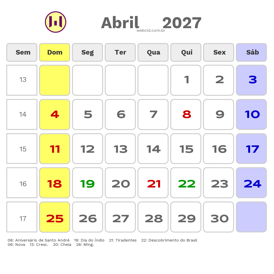 Calendário 2027 - Abril - Santo André-SP com feriados e fases da lua
