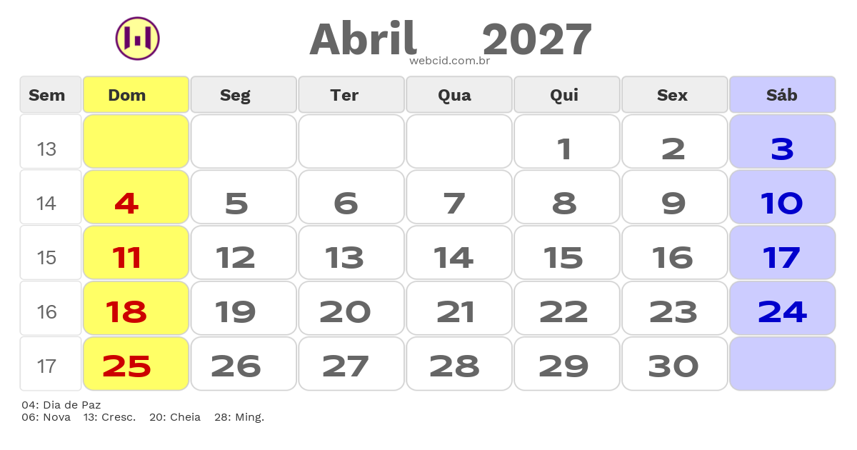 Calendário 2027 - Abril - Angola com feriados e fases da lua