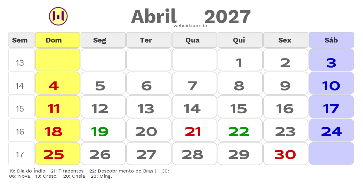 Calendário 2027 - Abril - Nilo Pecanha-BA com feriados e fases da lua