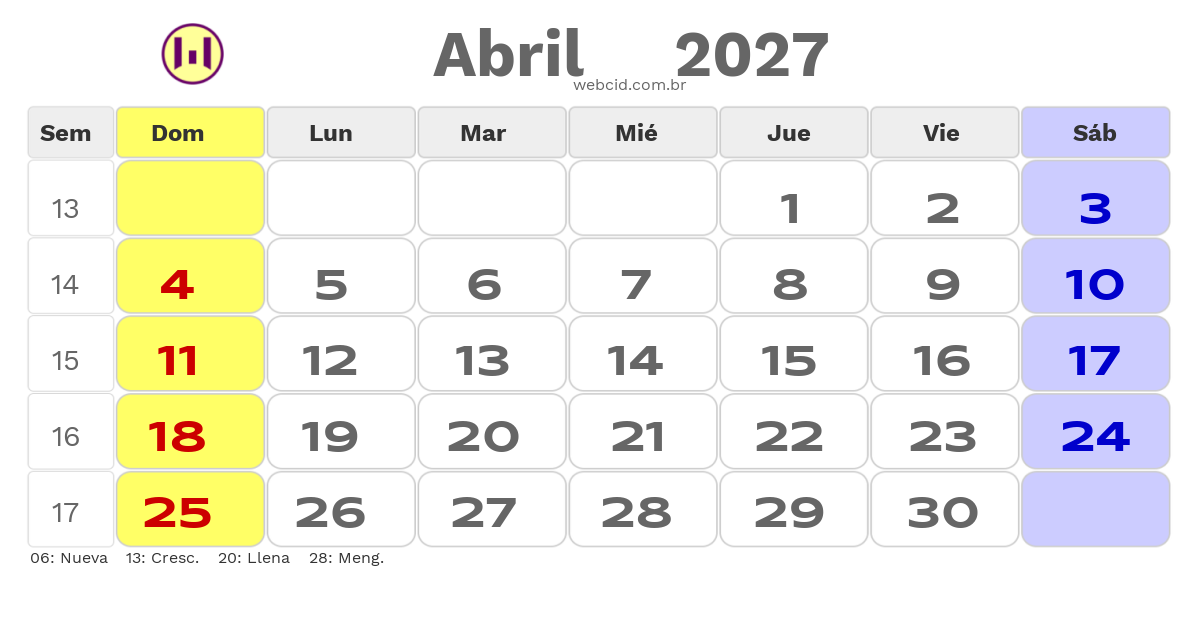 Calendario 2027 - Abril - Chile com feriados e fases da lua