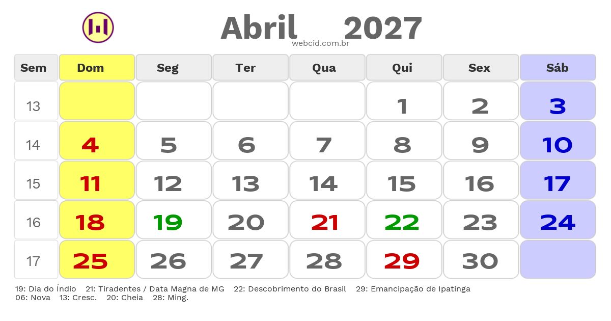 Calendário 2027 - Abril - Ipatinga-MG com feriados e fases da lua