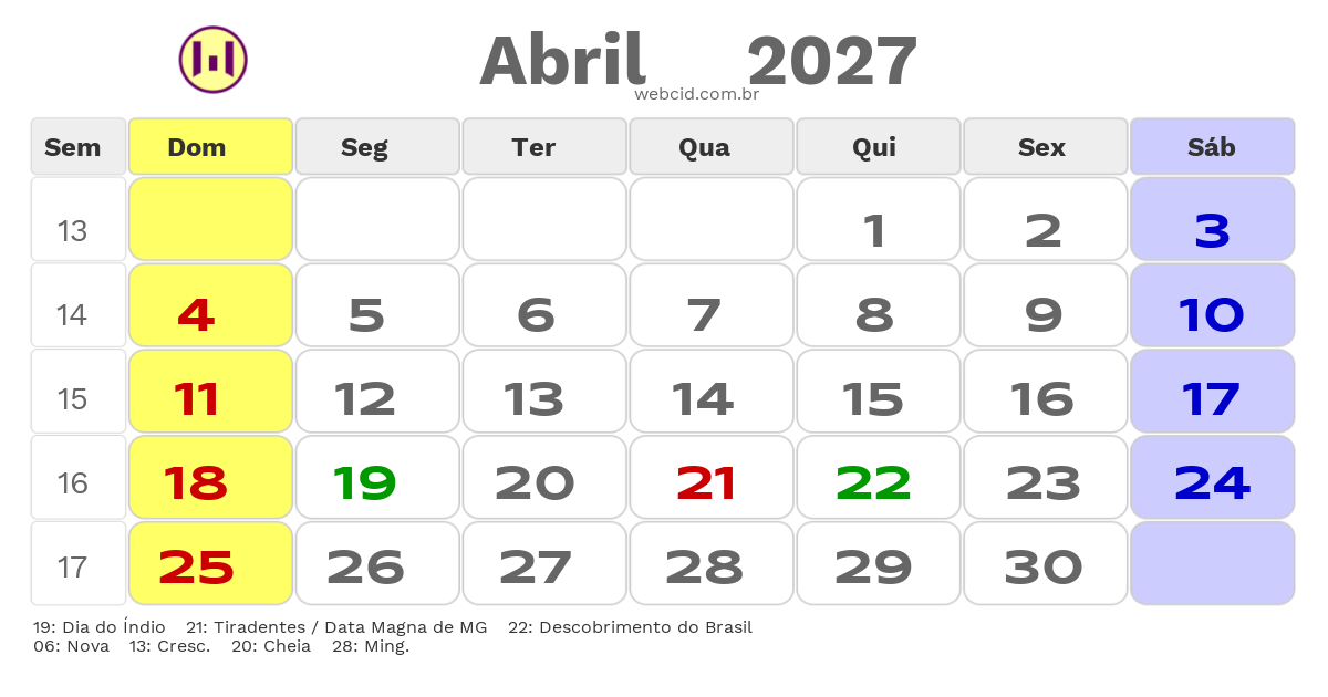 Calendário 2027 - Abril - Lavras-MG com feriados e fases da lua