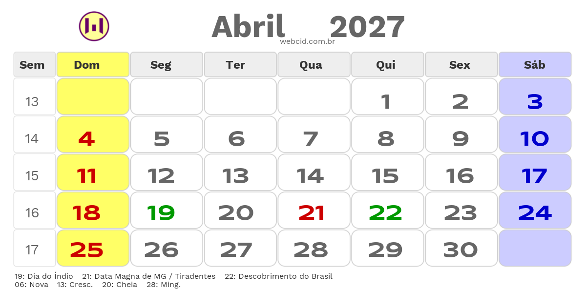 Calendário 2027 - Abril - Patos de Minas-MG com feriados e fases da lua