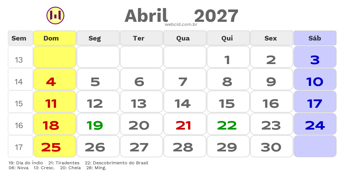 Calendário 2027 - Abril - Jacarau-PB com feriados e fases da lua