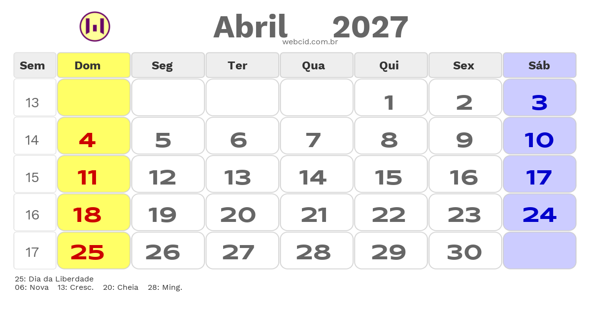 Calendário 2027 - Abril - Portugal com feriados e fases da lua