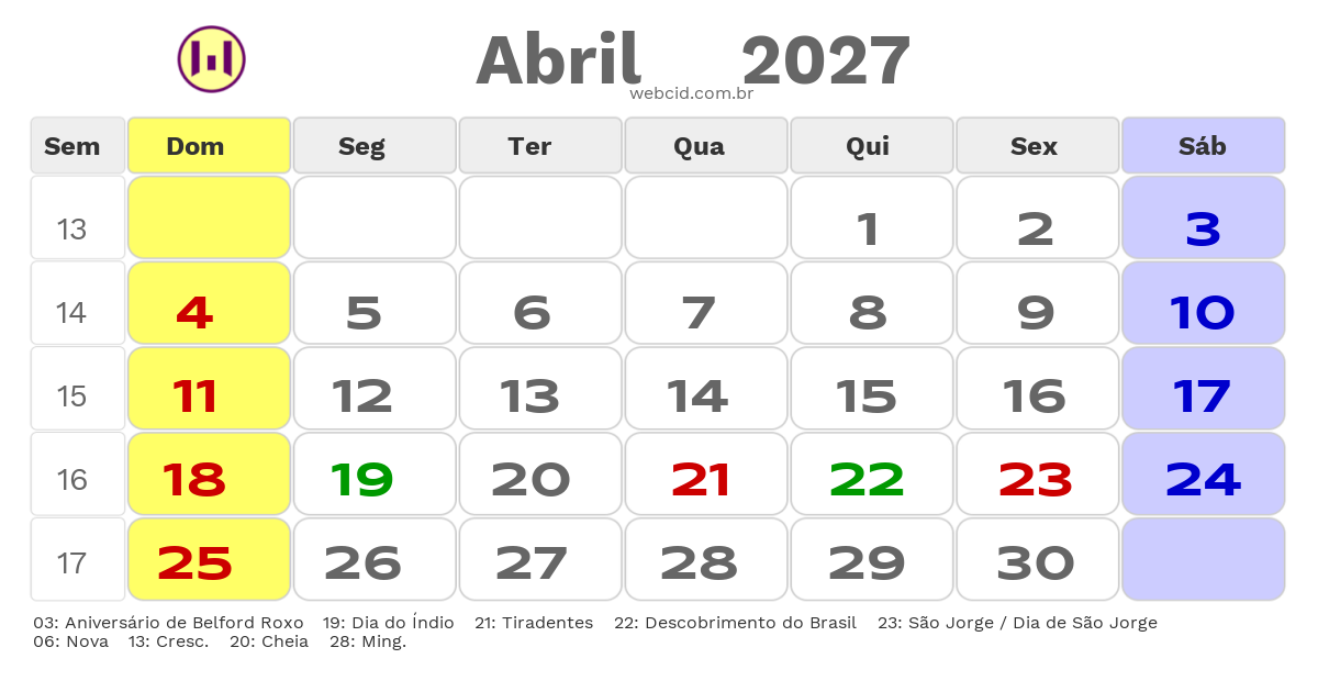 Calendário 2027 - Abril - Belford Roxo-RJ com feriados e fases da lua