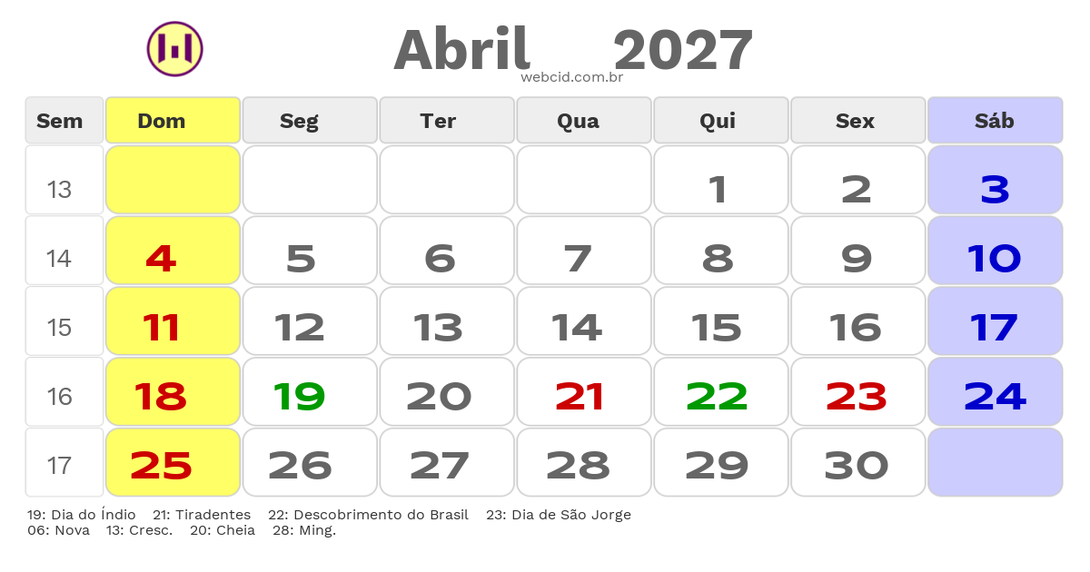 Calendário 2027 - Abril - São Gonçalo-RJ com feriados e fases da lua